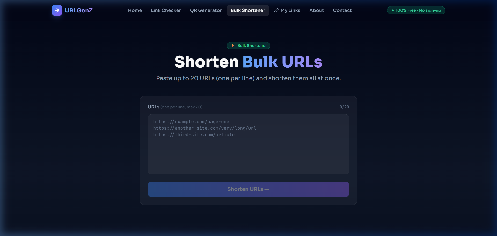 Screenshot of URLGenZ Bulk Shortener tool